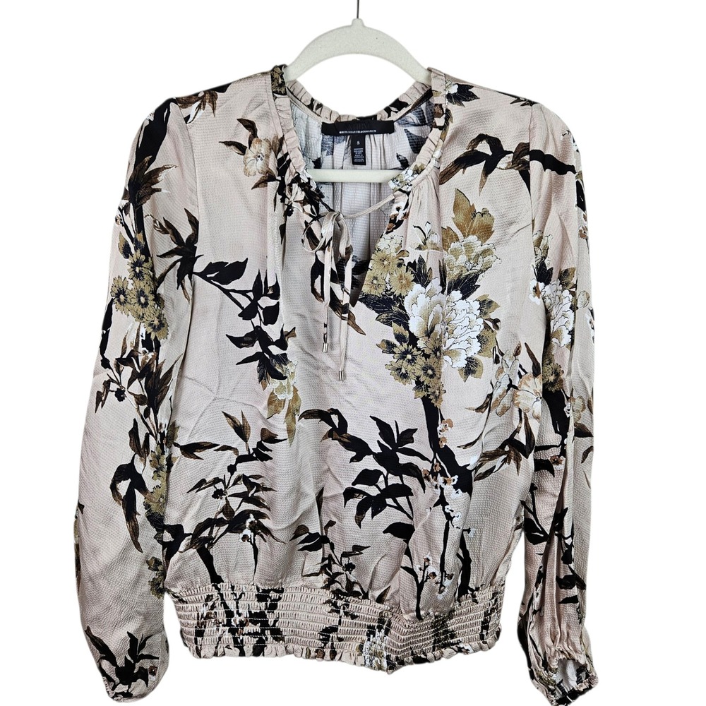 White House Black Market Floral Tie Neck Long‎ Sleeve Smocked Blouse Size S - Picture 10 of 10